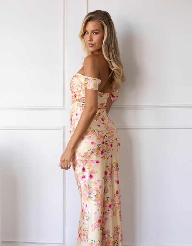Beginning Boutique - Ella Yellow Bloom Satin Maxi Dress