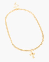 Lovisa - Waterproof Gold Plated Stainless Steel Tigers Eye Semi Precious Stone Cross Chain Layered Necklace