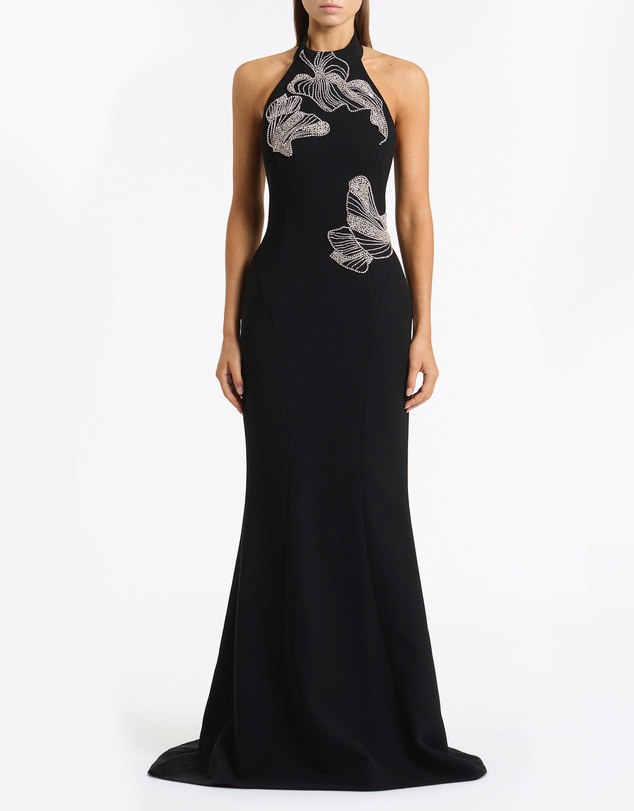 Carla Zampatti - Black Crepe Embellished Halter Gown