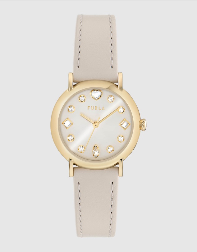 Furla - Easy Shape Yellow Gold-Tone Grey Leather Strap Watch