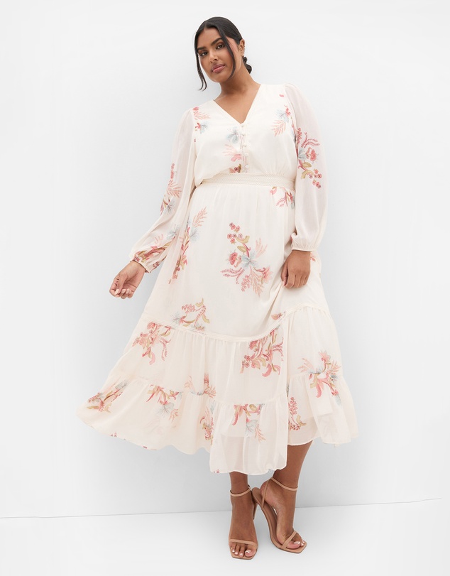 City Chic - Plus size Kiki Long Sleeve Print Maxi Dress - ivory