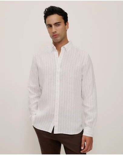 Trenery - Regular Fit Delave Linen Fine Stripe Shirt in White