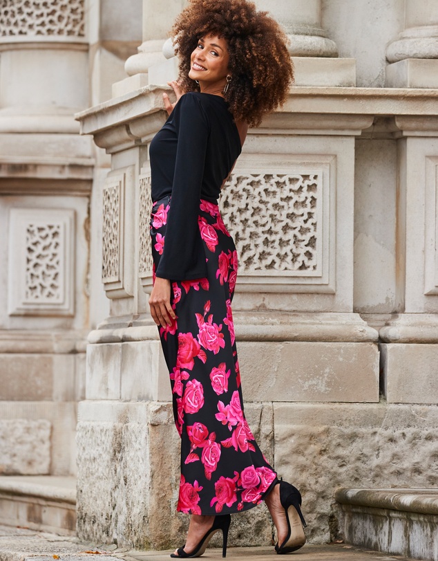 Sosandar - Floral Print Ruched Detail Satin Maxi Skirt