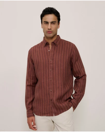 Trenery - Regular Fit Delave Linen Stripe Shirt in Redwood