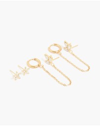 Lovisa - Waterproof Gold Plated Stainless Steel Cubic Zirconia Flower Hoop Chain & Flower Ear Stackers 2-Pack