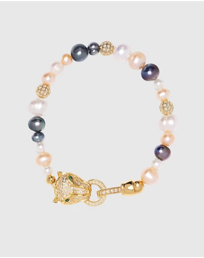 Nialaya Jewellery - Women's Multi-Colored Pearl Bracelet with Gold Panther Head
