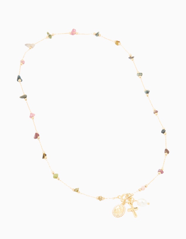 Lovisa - Gold Plated Multicoloured Semi Precious Stone Freshwater Pearl Cross Charm Necklace