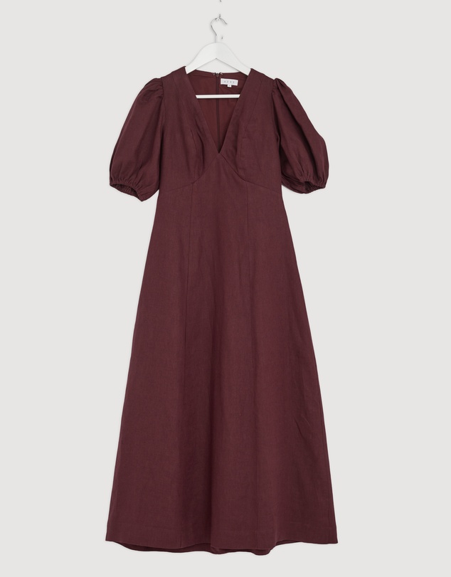 Revibe - Repaired AERE Lori Puff Sleeve Linen Midi Dress - AU 8