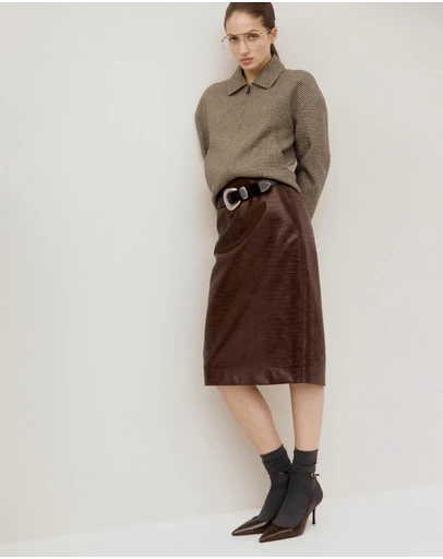 M.N.G - Croco Faux Leather Midi Skirt