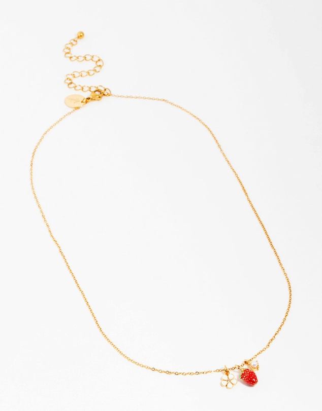 Lovisa - Waterproof Gold Plated Stainless Steel Strawberry & Flower Pendant Necklace