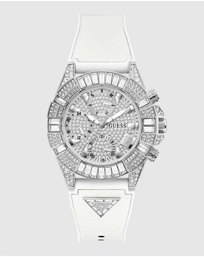 GUESS - ICONIC 40 Glamour 39mm Silver-Tone Case White Silicone Strap