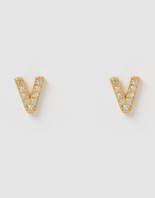 Izoa - Alphabet Mini Letter V Stud Earrings Gold