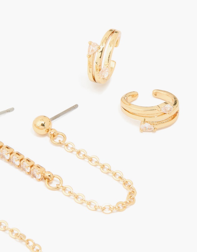 Lovisa - Gold Plated Brass Cubic Zirconia Chain Earrings & Ear Cuffs 3-Pack