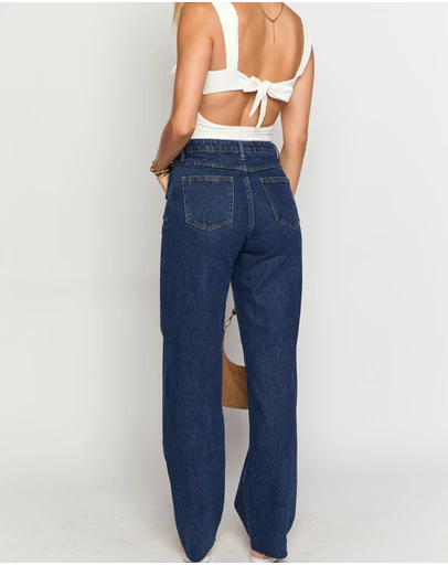 Beginning Boutique - Kansis Dark Blue Uneven Waist Jeans