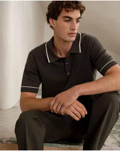 Trenery - Textured Cotton Tipped Knit Polo in Dark Olive