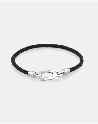 Michael Hill - Men's Braided Leather Bracelet with Sterling Silver
