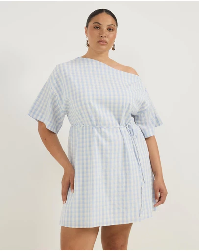 Atmos&Here Curvy - Olive Off Shoulder Gingham Mini Dress With Tie Waist