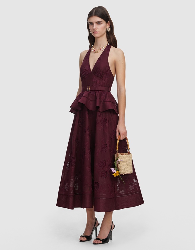 Self Portrait - Linen Peplum Midi Dress
