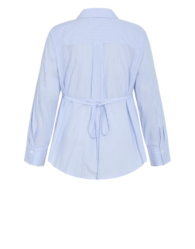City Chic - Plus size Neck Tie Cotton Stripe Shirt - sky blue