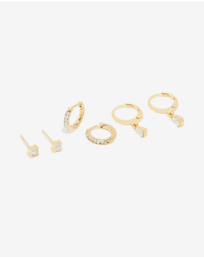 Lovisa - Waterproof Gold Plated Stainless Steel Cubic Zirconia Simple Stud & Huggie Earrings 3-Pack