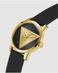 GUESS - Guess Triangle Men's 44mm Black Dial Gold-Tone Case and Black Leather Strap