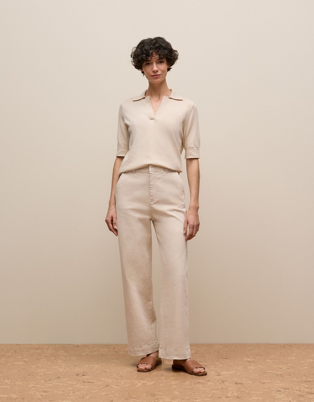 Trenery - Cotton Cashmere Half Sleeve Polo in Camel