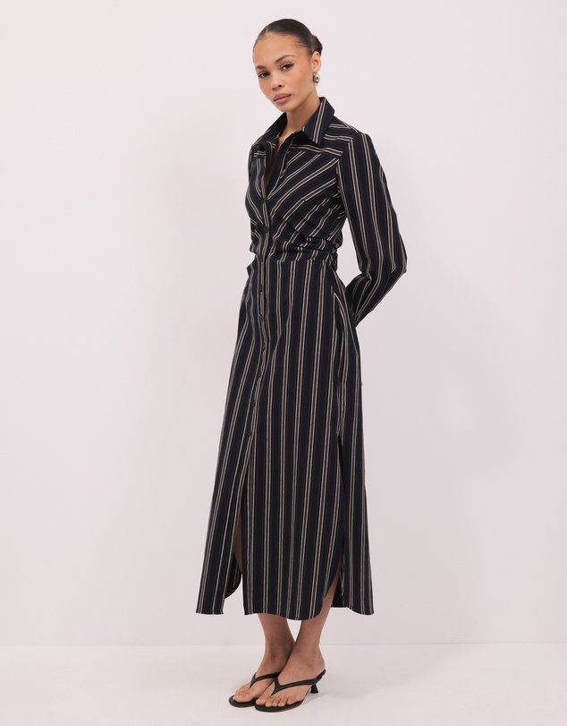 Calli - Mira Midi Stripe Ruched Waist Shirt Dress