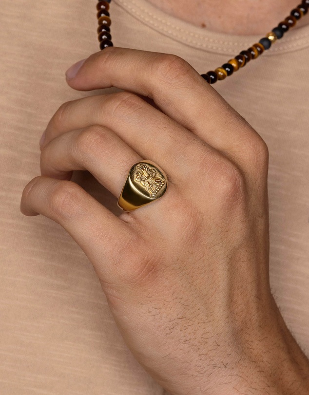 Nialaya Jewellery - Men's Stainless Steel Lion Crest Ring with Gold Plating