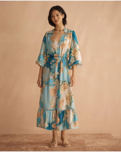 AUR OCEA - Silk Blousson Frill Midi Dress