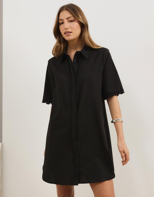 Atmos&Here - Kyla Linen Blend Mini Shirt Dress with Lace Trim Detail