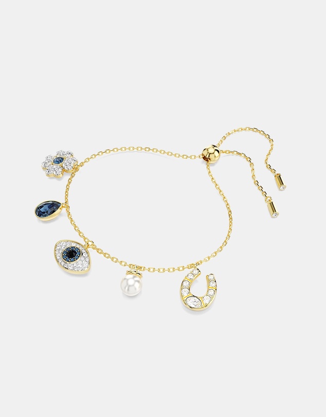 Swarovski - Symbolica bracelet, Crystal pearl, Clover, evil eye and horseshoe, Blue, Gold-tone plated