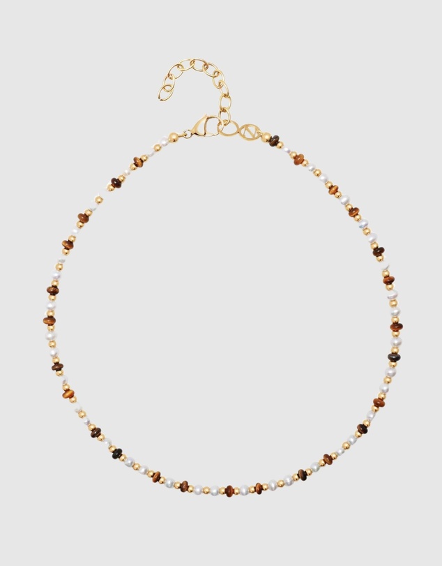 Nialaya Jewellery - Mini Beaded Choker with Pearls and Tiger Eye