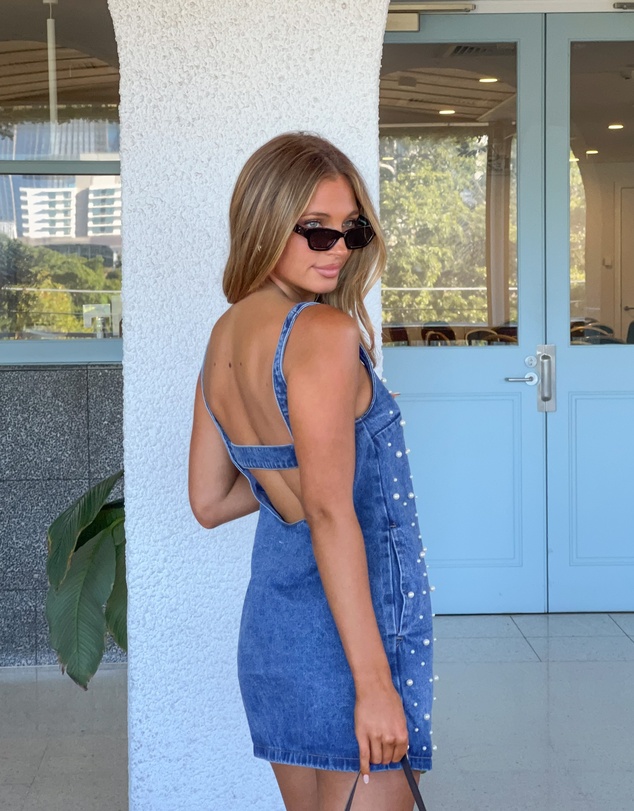 Beginning Boutique - Demi Denim Pearl Detail Mini Dress