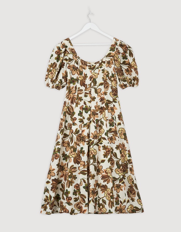 Revibe - Repaired AERE Paloma Linen Puff Sleeve Midi Dress - AU 10