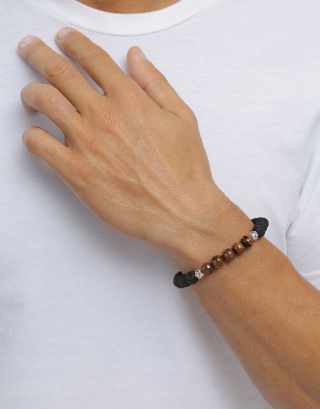 Kuzzoi - ICONIC EXCLUSIVE - Lava and Tiger's Eye Bead Bracelet with Sterling Silver Elements