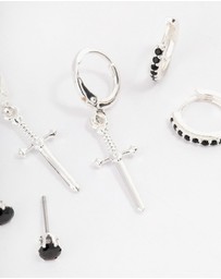 Lovisa - Silver Plated Brass  Cubic Zirconia Dagger Huggie Earrings Pack