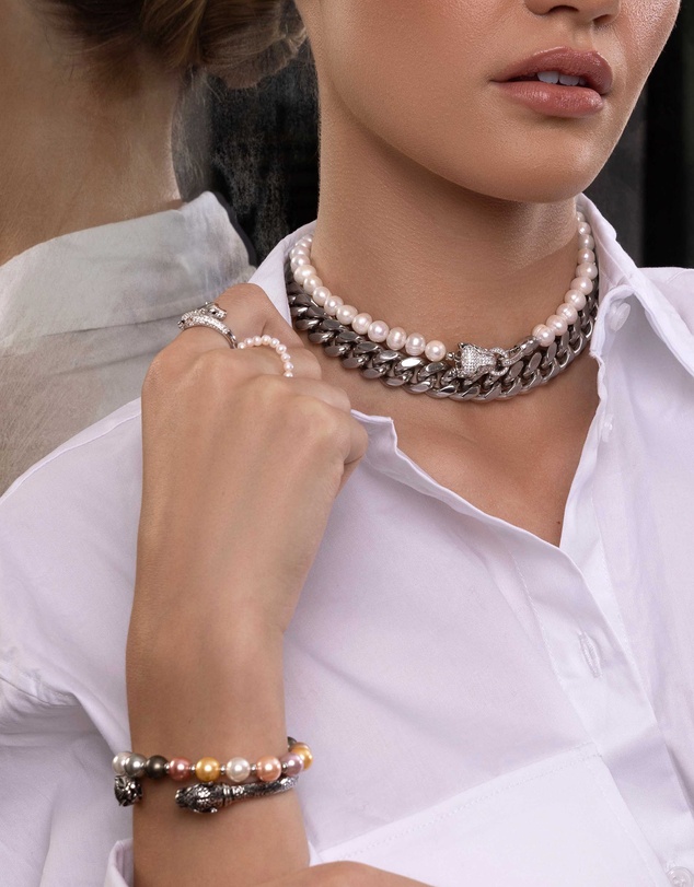 Nialaya Jewellery - Women's Pearl Choker with Silver Panther Head