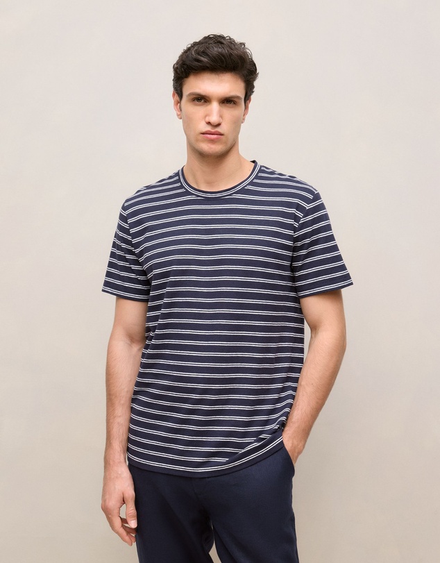 Trenery - Cotton Linen Double Stripe T-shirt in Navy