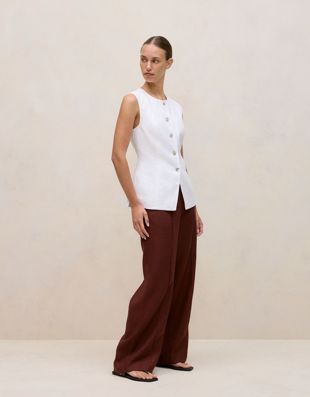 Trenery - Linen Collarless Button Through Vest in White