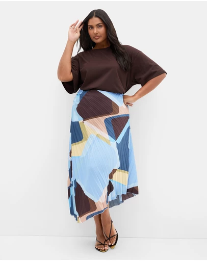 City Chic - Plus size Amaya Abstract Print Pleat Skirt - blue