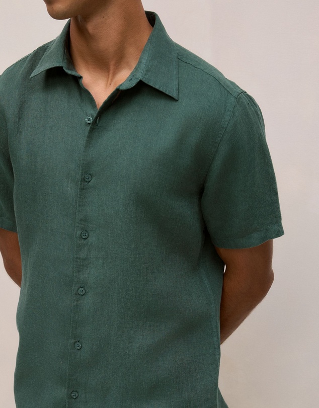 Trenery - Linen End On End Short Sleeve Shirt in Woodland Green