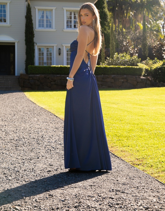 Beginning Boutique - Blaise Navy Satin Maxi Dress