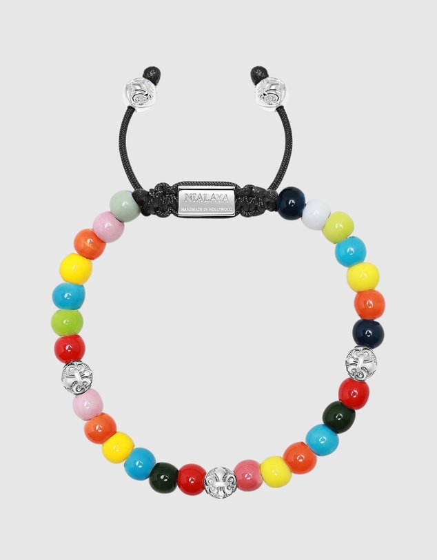 Nialaya Jewellery - Men's Beaded Bracelet with Multicolored Glass and Silver