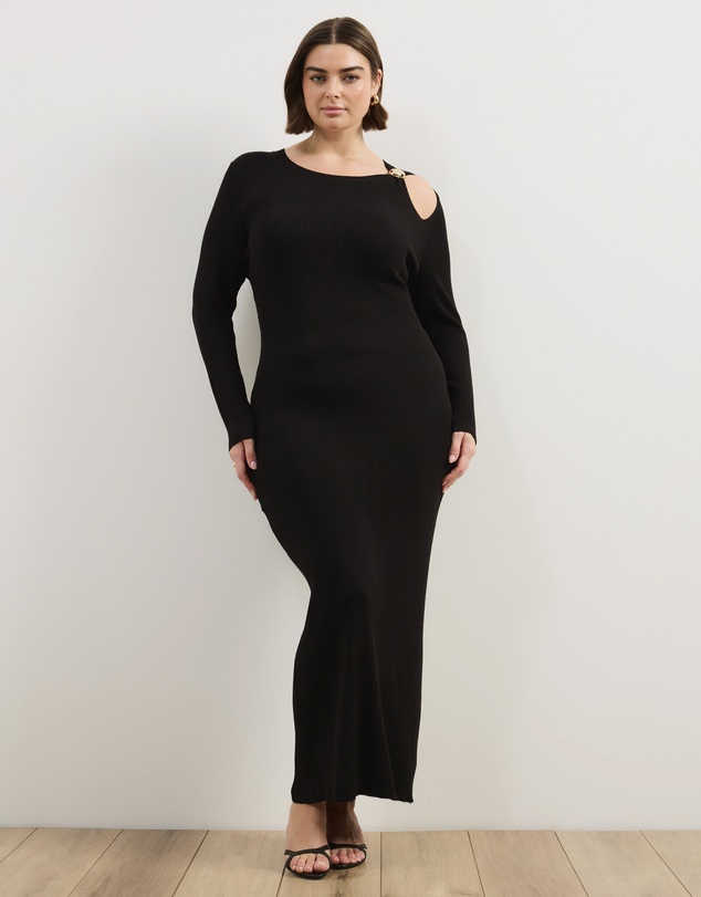 Atmos&Here Curvy - Liv Long Sleeve Rib Knit Midi Dress With Hardware Detail