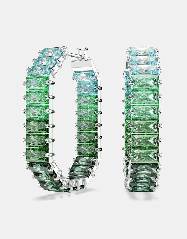 Swarovski - Matrix Hoop Earrings, Baguette Cut, Octagon Shape, Colour Gradient, Green, Rhodium-Plated
