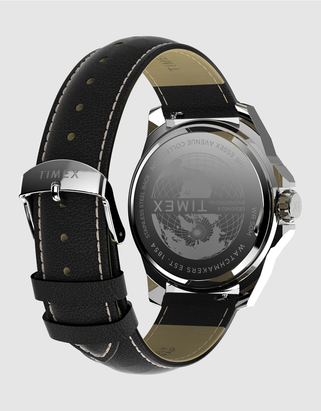 TIMEX - Essex Day & Date 46mm Leather Strap Watch