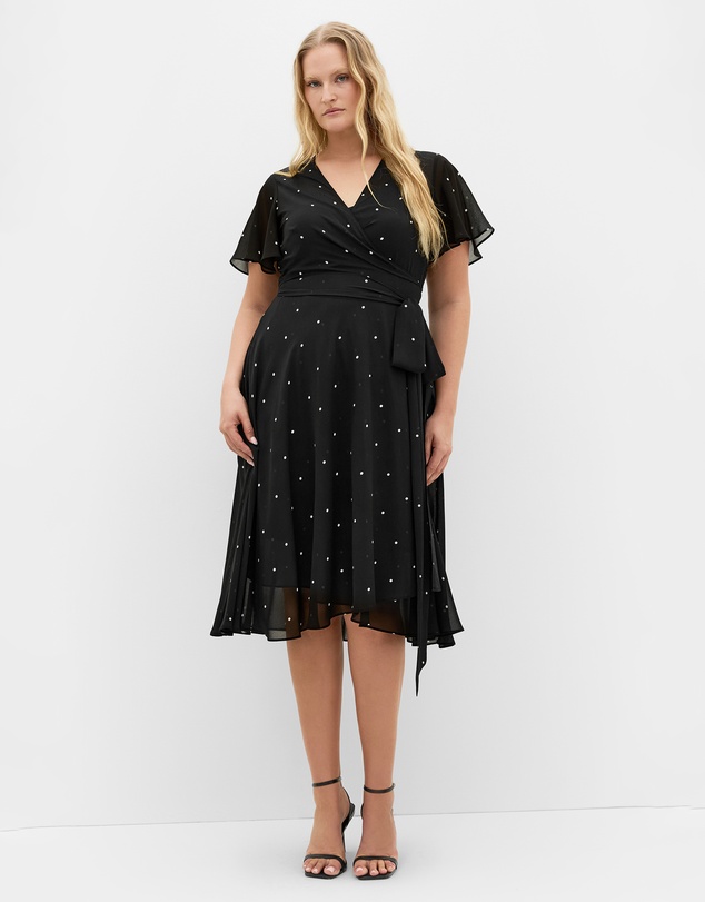 City Chic - Spot Frill Sleeve Wrap Midi Dress