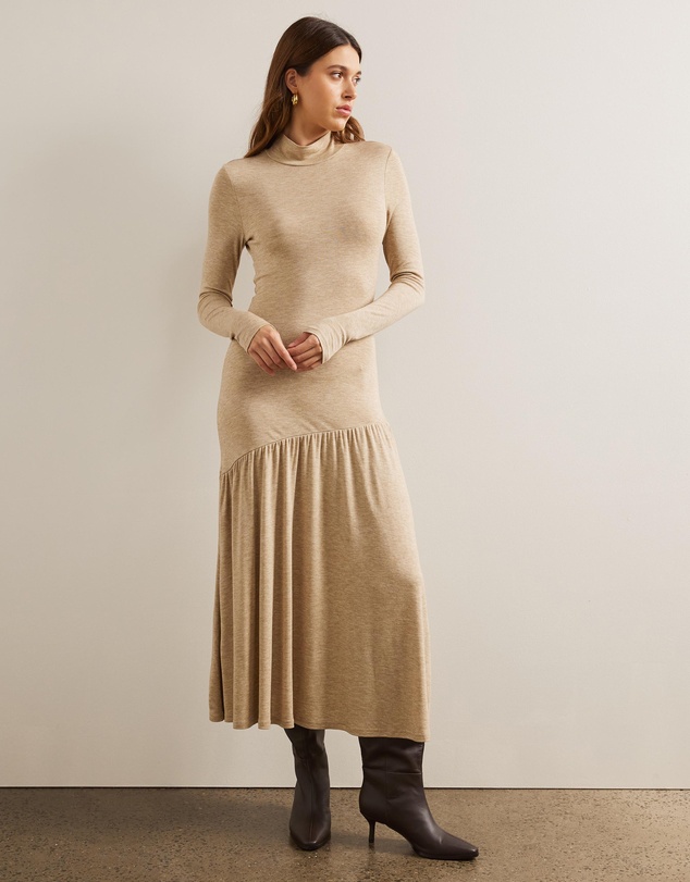 AERE - Soft Wool Blend Mock Neck Tiered Midi Dress