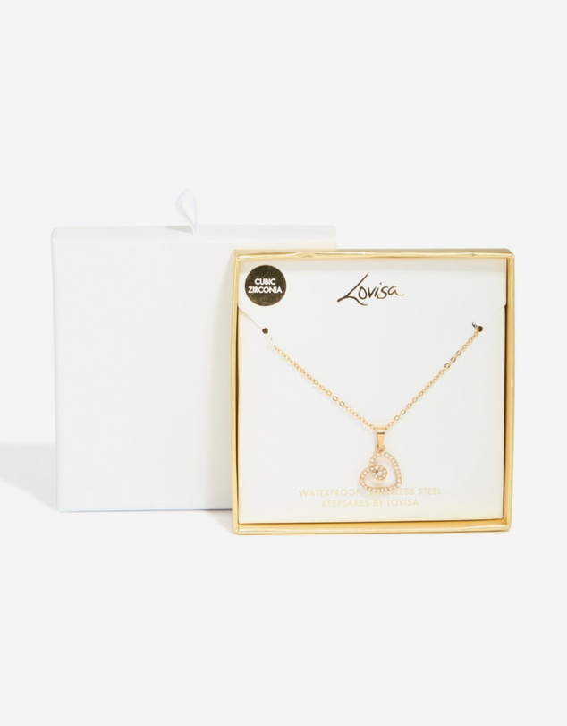Lovisa - Waterproof Gold Plated Stainless Steel Cubic Zirconia Heart Pendant Necklace