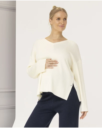 Angel Maternity - Maternity V neckline Side Button Knit Jumper in Cream